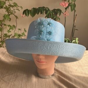 Chic Light Blue Satin Ribbon Hat With Blue Floral Accents